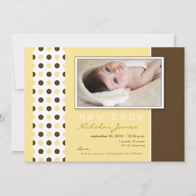 Baby Birth Announcement Yellow Polka Dots (Front)