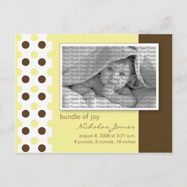 Baby Birth Announcement Yellow Polka Dots (Front)