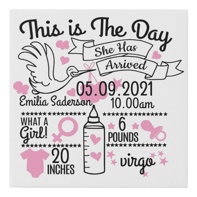 Baby Birth Chart - Baby birth Announcement  Faux Canvas Print (Front)