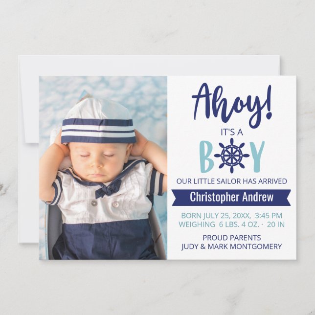 Baby Birth Nautical Ahoy it's A Boy Photo Announcement (Front)