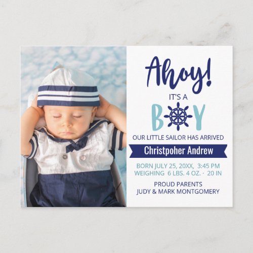 Baby Birth Nautical Ahoy Its A Boy Photo Announcement Postcard