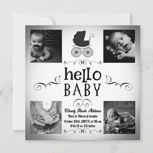Baby Birth Photo Announcement Black  White Pram