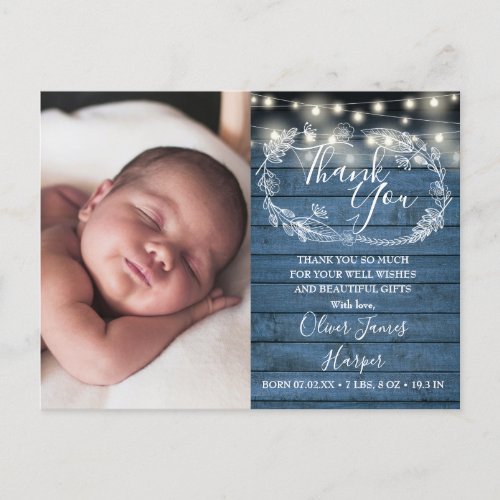 Baby Birth Photo Blue Wood String Lights Thank You Announcement Postcard