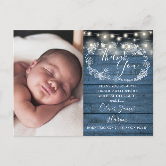 Baby Birth Photo Blue Wood String Lights Thank You Announcement Postcard (Front)