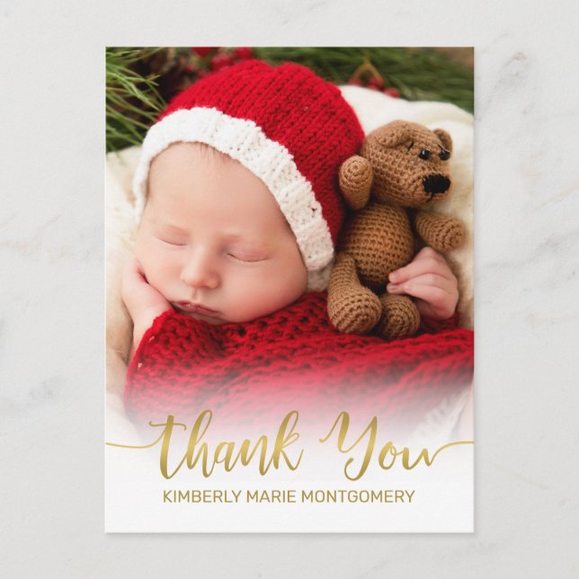 Baby Birth Photo Gold Script Typography Thank You Holiday Postcard (Front)
