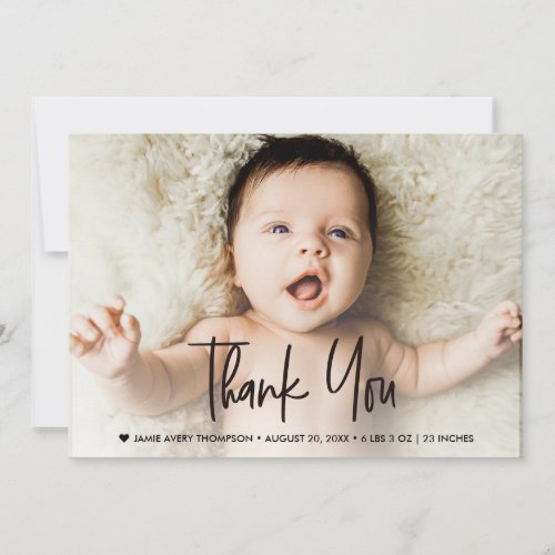 Baby Birth photo Handlettering Modern Baby Shower Thank You Card