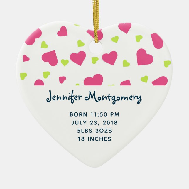 Baby Birth Pink and Green Tumbling Hearts Pattern Ceramic Ornament (Front)