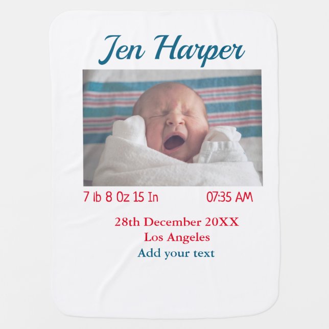 Baby birth stats add name place date keepsake memo blanket (Front)