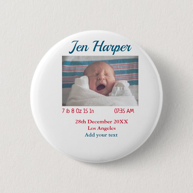 Baby birth stats add name place date keepsake memo button (Front)