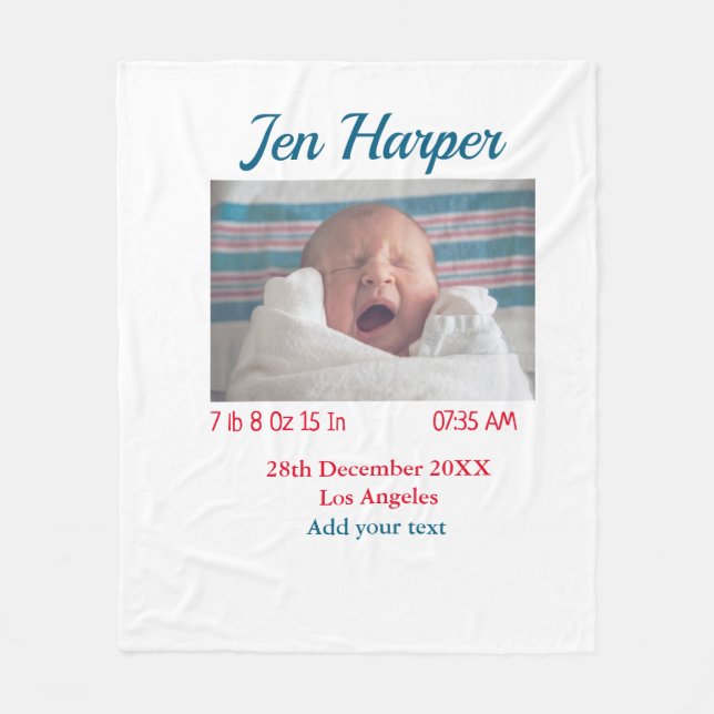 Baby birth stats add name place date keepsake memo fleece blanket (Front)