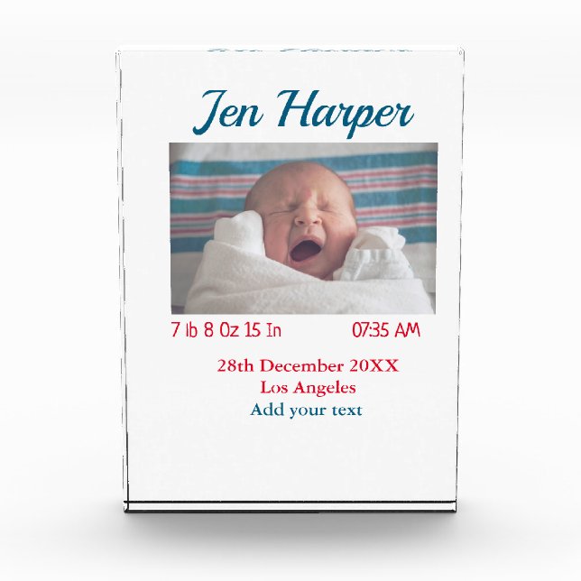 Baby birth stats add name place date keepsake memo photo block (Front)