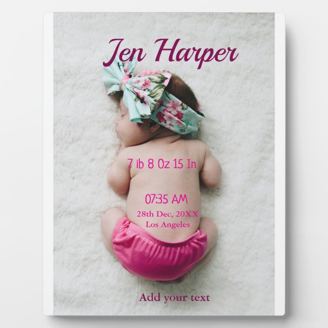 Baby birth stats add name place date keepsake memo plaque (Front)