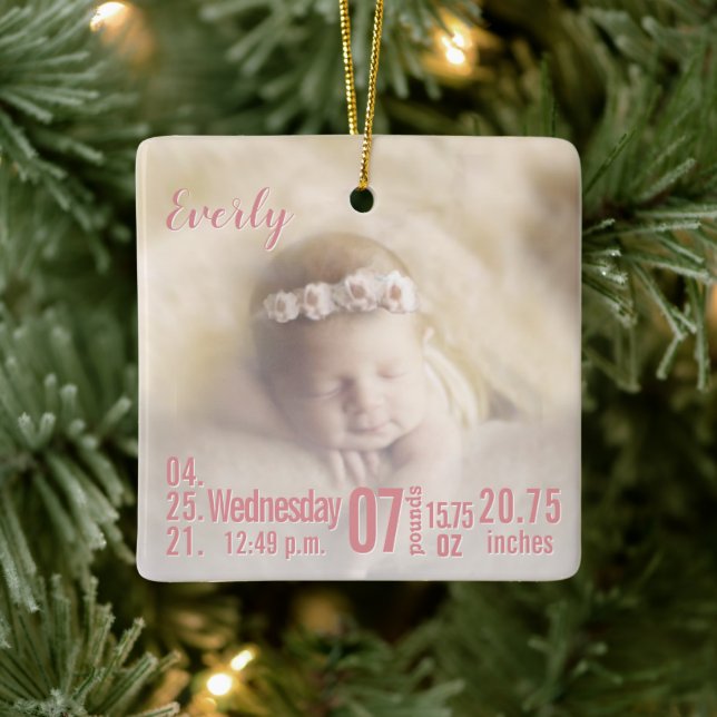 Baby Birth Stats Birth Record Christmas Photo Cera Ceramic Ornament (Tree)