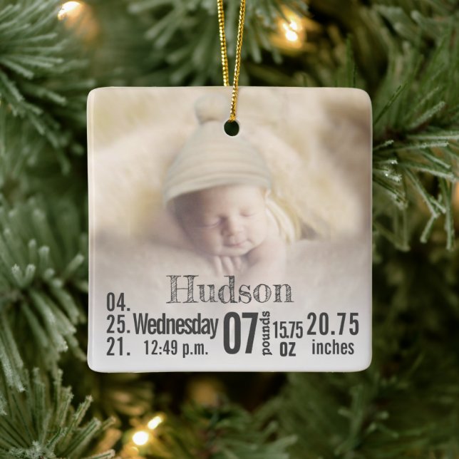 Baby Birth Stats Birth Record Christmas Photo Cera Ceramic Ornament (Tree)