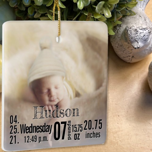 Baby Birth Stats Birth Record Christmas Photo Ceramic Ornament (Creator Uploaded)