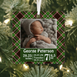 Baby Birth Stats Birth Record Photo Green Plaid Metal Ornament