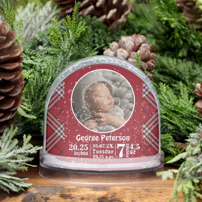 Baby Birth Stats Birth Record Photo Red Plaid  Snow Globe (Winter)