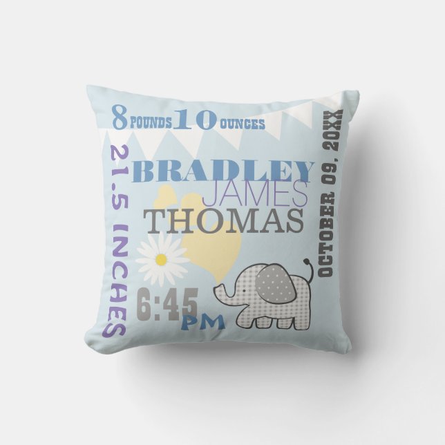 Baby Birth Stats Blue Birthday Weight Throw Pillow (Front)