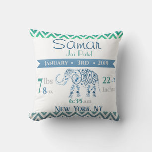 Baby Birth Stats Blue & Green Indian Elephant Throw Pillow
