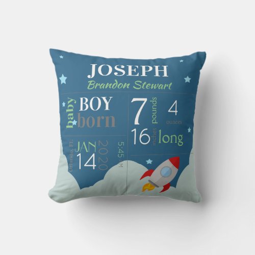 Baby Birth Stats Blue Sky with Red Space Rocket Throw Pillow