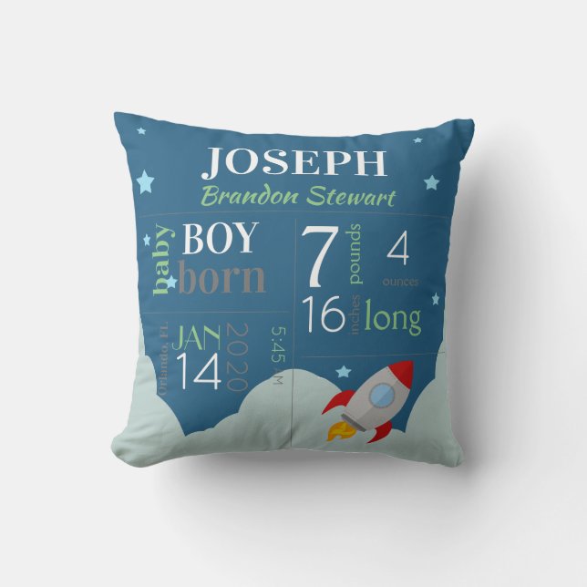 Baby Birth Stats Blue Sky with Red Space Rocket Throw Pillow (Front)