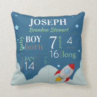 Baby Birth Stats Blue Sky with Red Space Rocket Throw Pillow