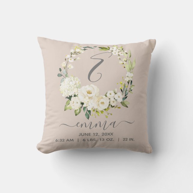 Baby Birth Stats Blush Pink White Floral Wreath Throw Pillow (Front)