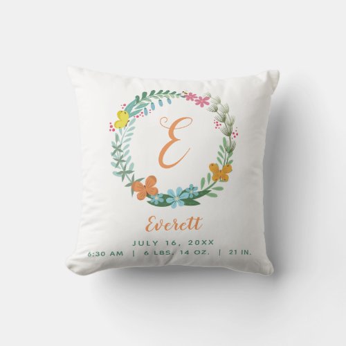 Baby Birth Stats Butterfly Floral Wreath Throw Pillow
