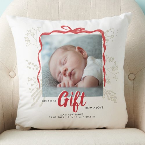Baby Birth Stats Christmas Red Bow Holiday Photo Throw Pillow