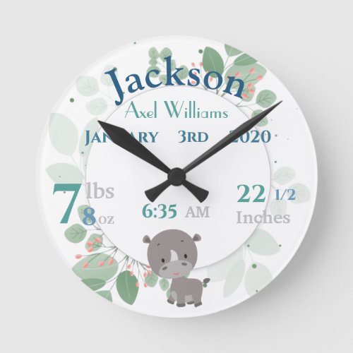Baby Birth Stats Clock with Green Leaves and Rhino