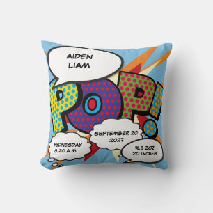 Baby Birth Stats Colorful Fun Comic Book Keepsake Throw Pillow