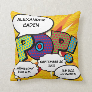 Baby Birth Stats Comic Book Pop Art Keepsake Throw Pillow