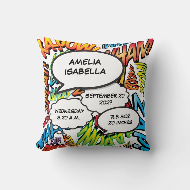 Baby Birth Stats Comic Book Pop Art Keepsake Throw Pillow (Front)