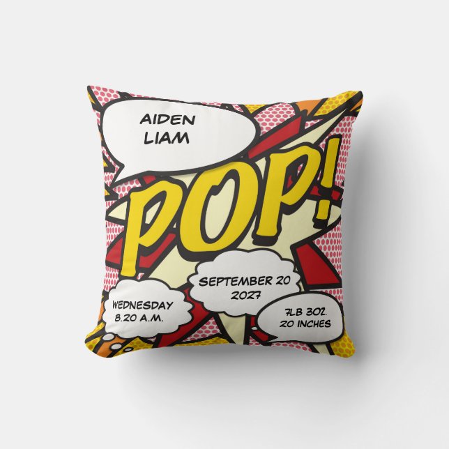 Baby Birth Stats Comic Book Pop Art Keepsake Throw Pillow (Front)