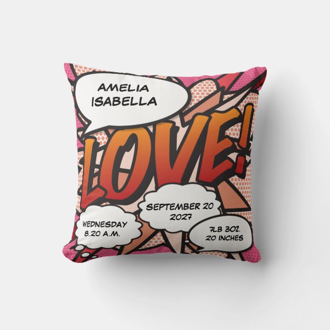 Baby Birth Stats Comic Book Pop Art Keepsake Throw Pillow (Front)
