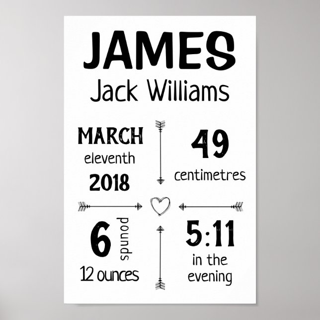 Baby Birth Stats Custom Wall Print Poster - Arrows (Front)
