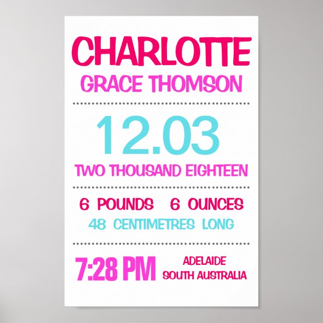 Baby Birth Stats Custom Wall Print Poster - Pink (Front)