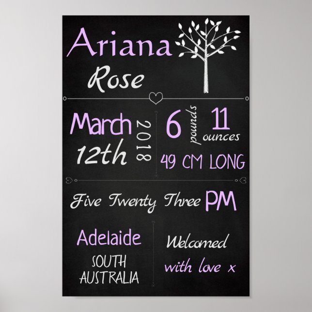 Baby Birth Stats Custom Wall Print – Purple Chalk (Front)