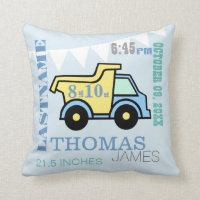 Baby Birth Stats Dump Truck Throw Pillow