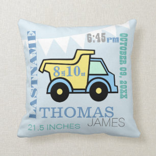 Baby Birth Stats Dump Truck Throw Pillow