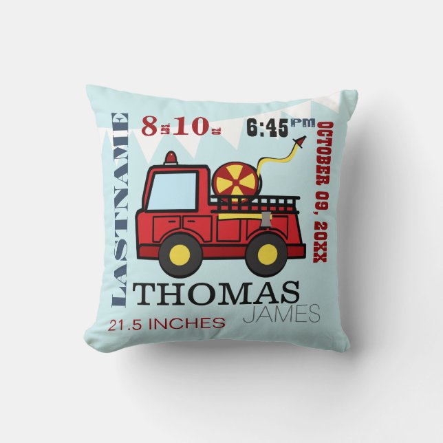 Baby Birth Stats Fire Truck Throw Pillow (Front)