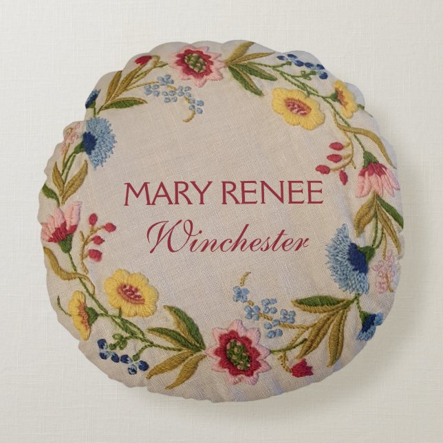 Baby Birth Stats | Floral Embroidery Look Nursery Round Pillow (Front)