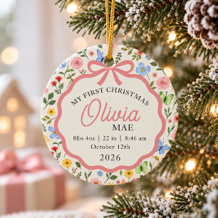 Baby Birth Stats Floral My First Christmas Ceramic Ornament