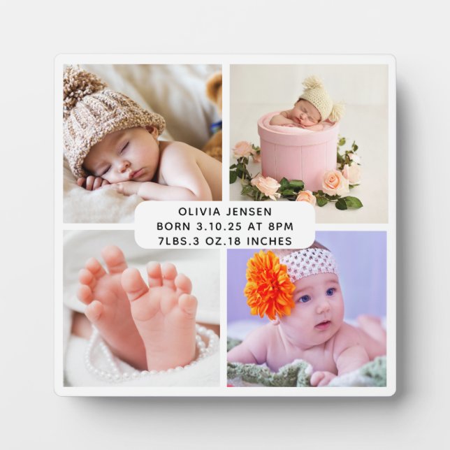 Baby Birth Stats Four Photo Collage  Plaque (Front)