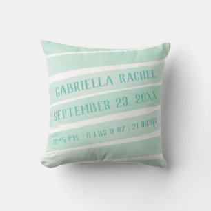 Baby Birth Stats Mint Green and Aqua Chic Stripe Throw Pillow
