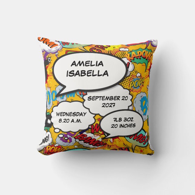 Baby Birth Stats Modern Fun Comic Book Keepsake Throw Pillow (Front)