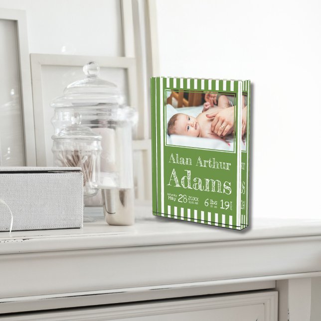 Baby Birth Stats Photo Block | Green Stripes (Creator Uploaded)