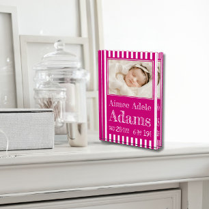 Baby Birth Stats Photo Block Magenta Stripes