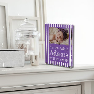 Baby Birth Stats Photo Block Purple Stripes