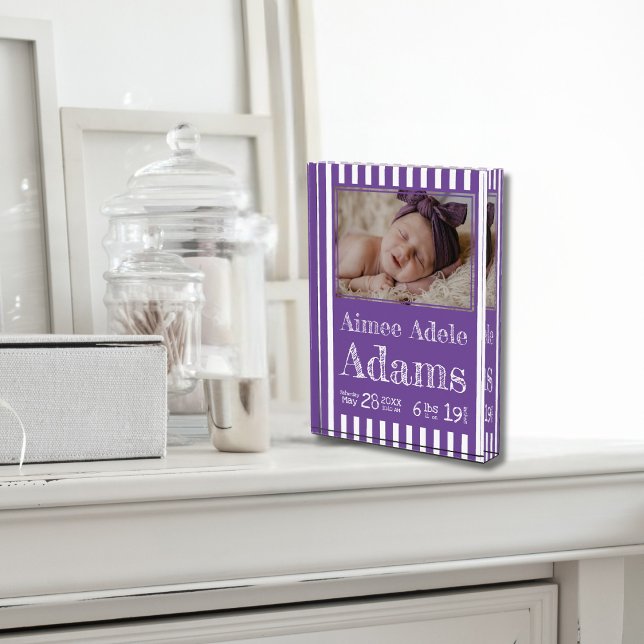 Baby Birth Stats Photo Block | Purple Stripes (Creator Uploaded)